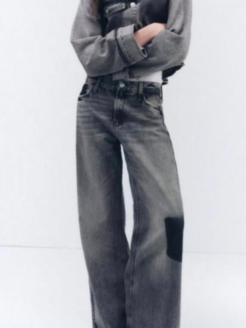 Zara Relaxed Fit Mid Rise Gray Wide Leg Patch Jeans 10 Grunge Gorpcore Y2K Moto